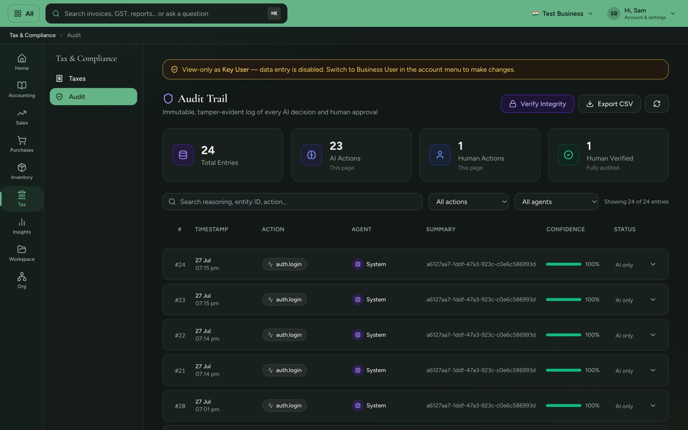 The Sumly audit trail screen listing every AI and human action in order, with a Verify Integrity button and per-entry confidence.