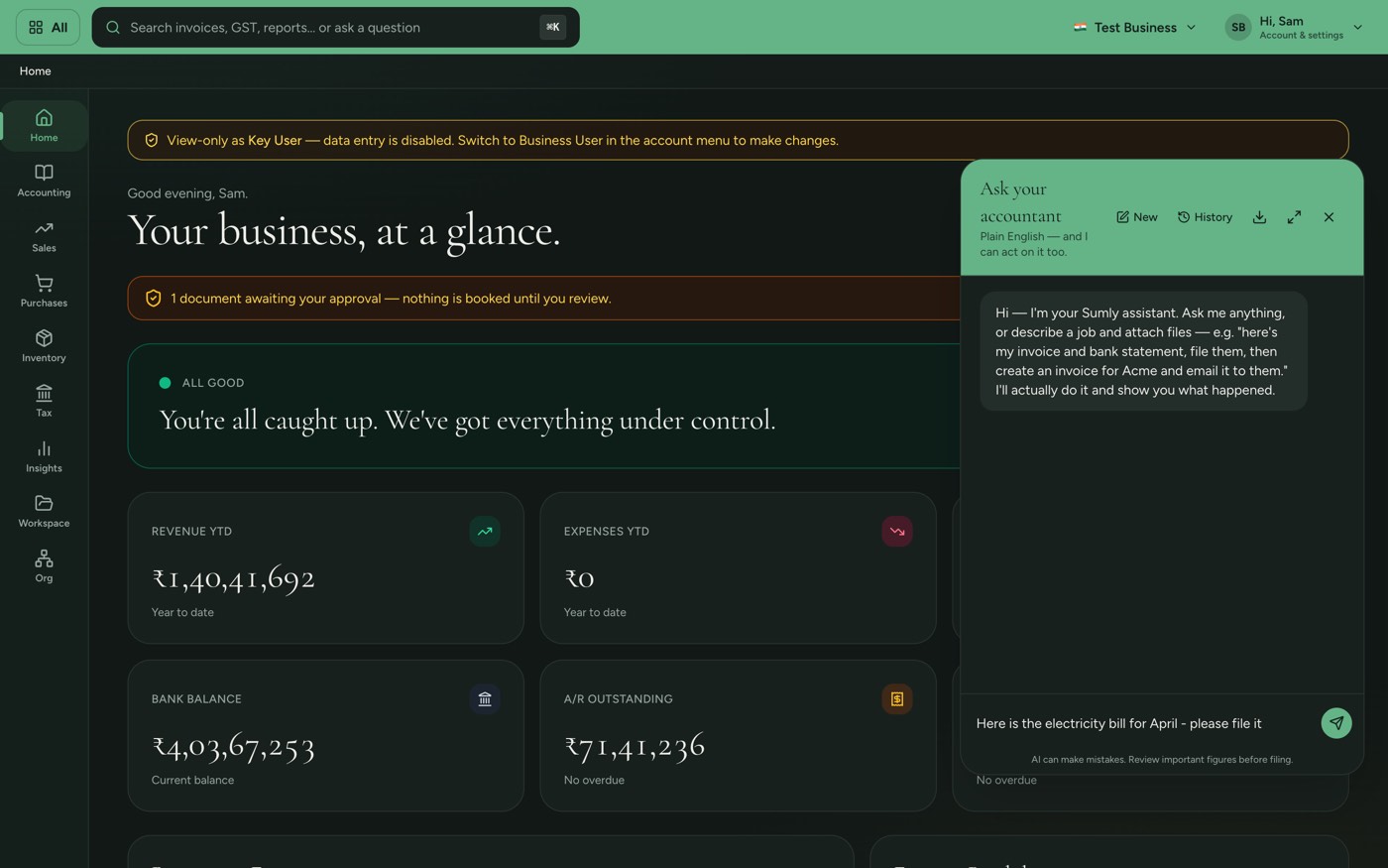 The Sumly chat panel open beside the home screen, with a bill attached to a message.