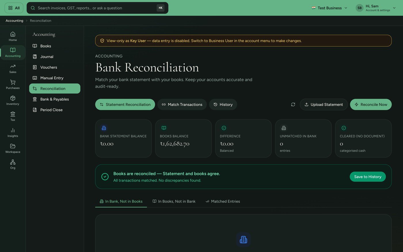 The Sumly reconciliation screen comparing bank lines against booked transactions and listing what does not match.