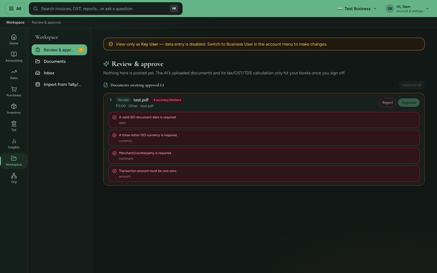 The Sumly review and approve screen showing an extracted document alongside four accuracy blockers listed in red, with the approve button disabled.